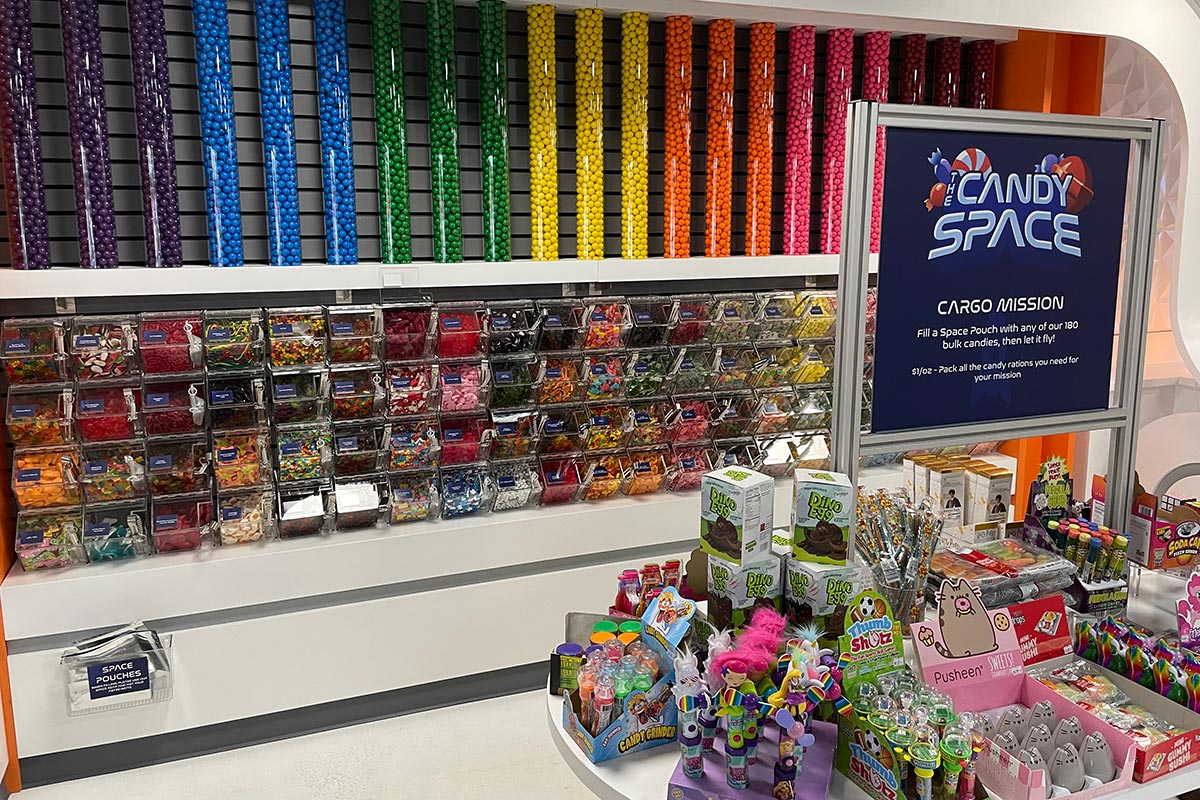 Wall of over 180 bulk candies