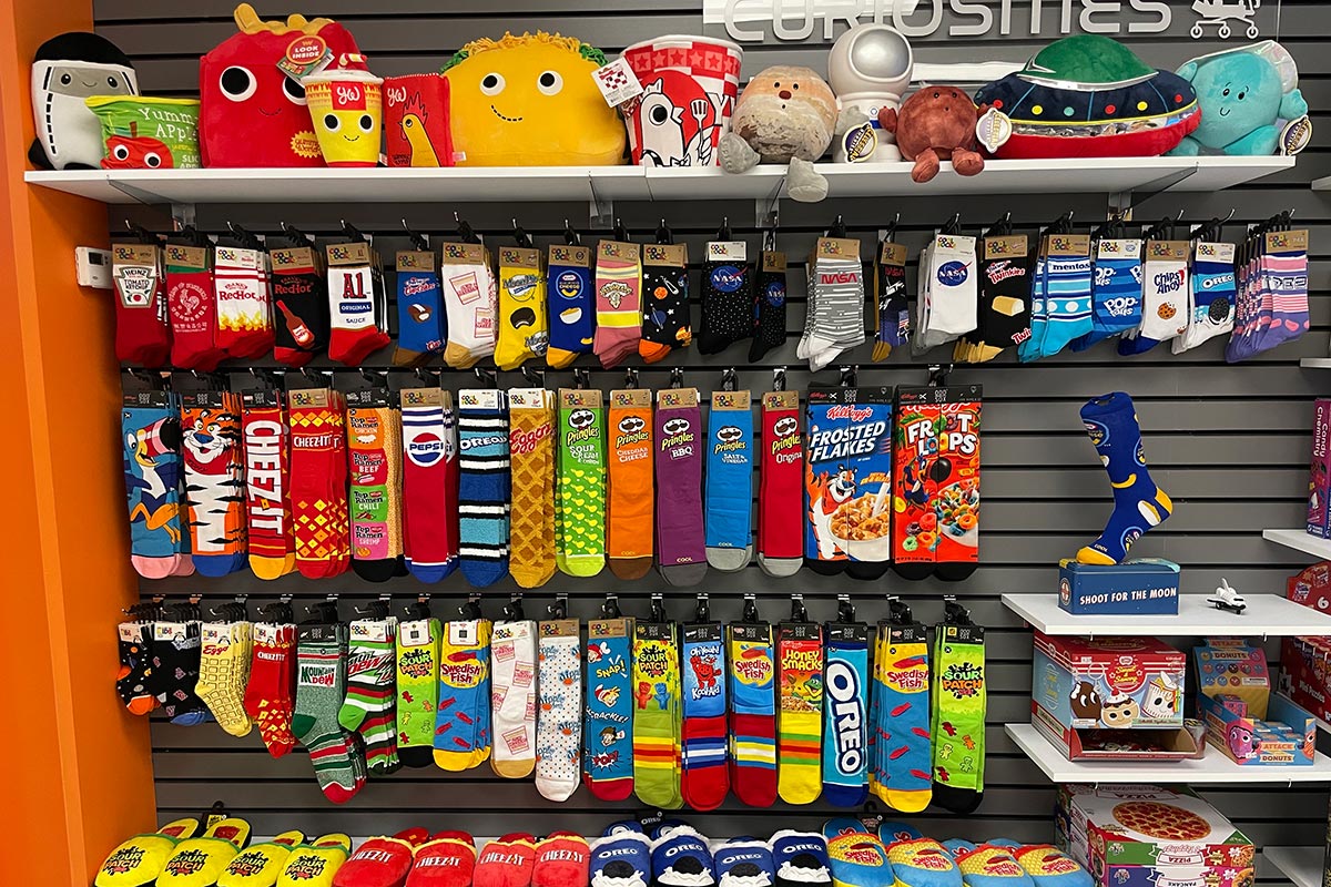 Assortment of food and space-themed socks