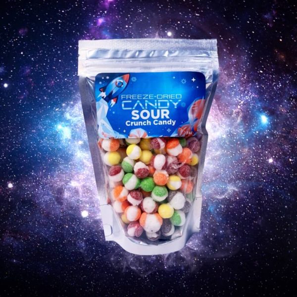 Sour Rainbow Orbits 5oz with space themed Background to show size of the bag and product theme
