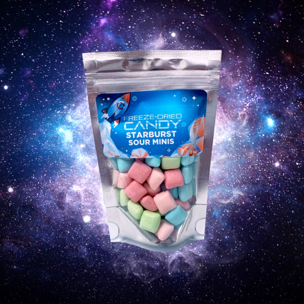 Starburst Sour Minis showing product size and appearance with space themed background