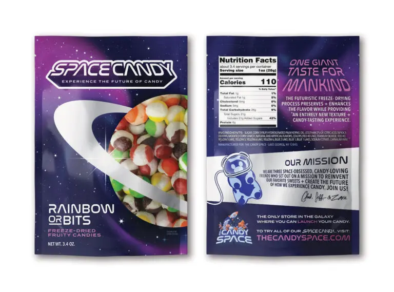 freeze dried rainbow orbits front and back to display nutritional information, ingredients etc