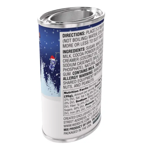 Rocket Around the Christmas Tree - Double Chocolate Hot Cocoa backside of tin to show nutritional information