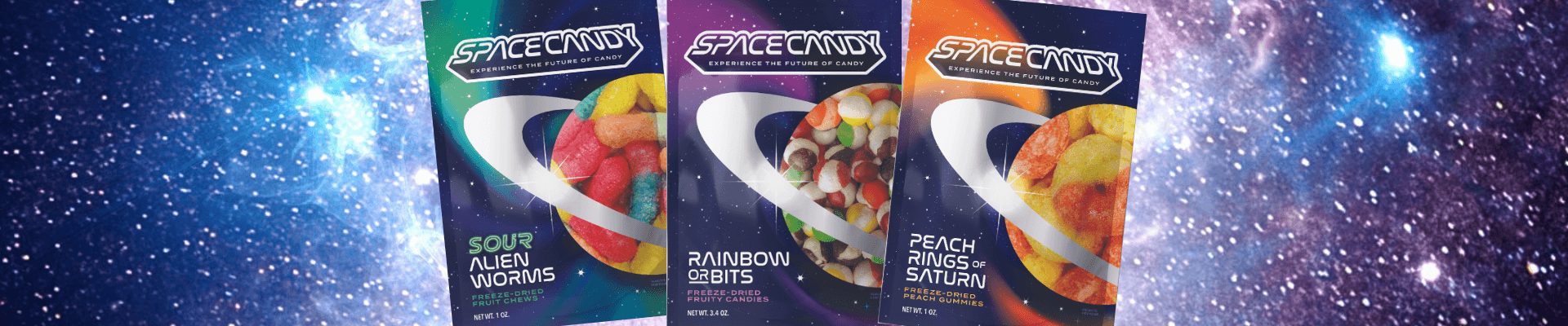 freeze dried candy packets floating in space